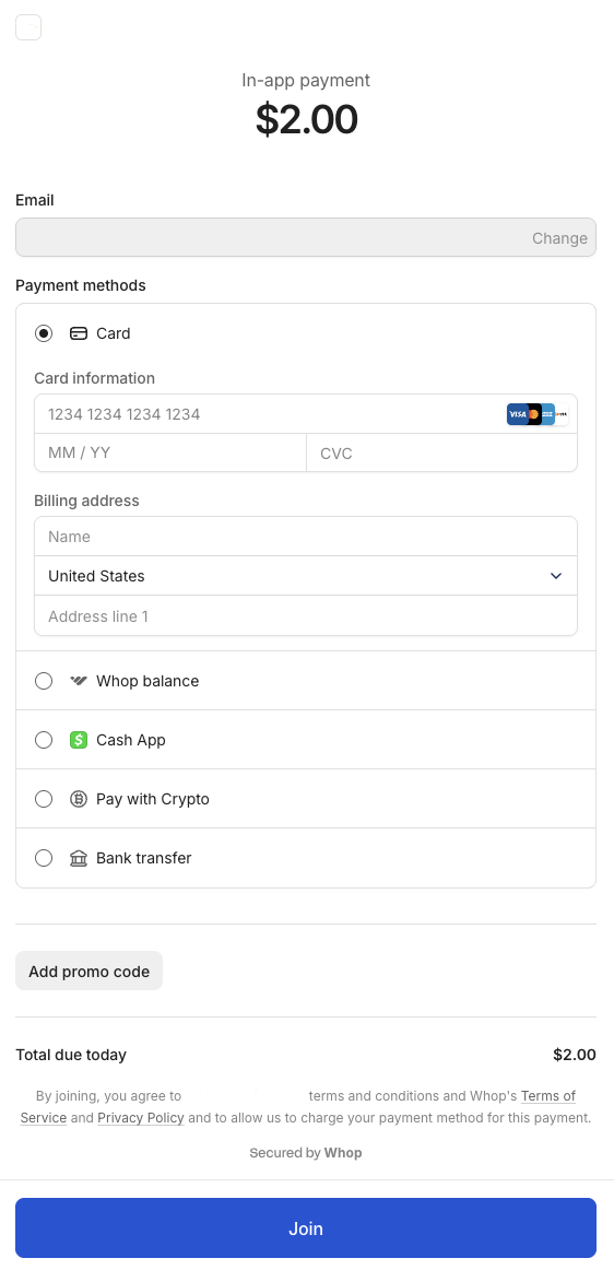 Whop in-app payment checkout